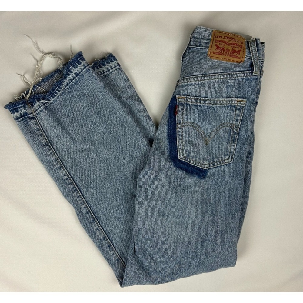 Levis Jeans Women Ribcage Straight Ankle Ripped Grunge Distressed Denim 24/27